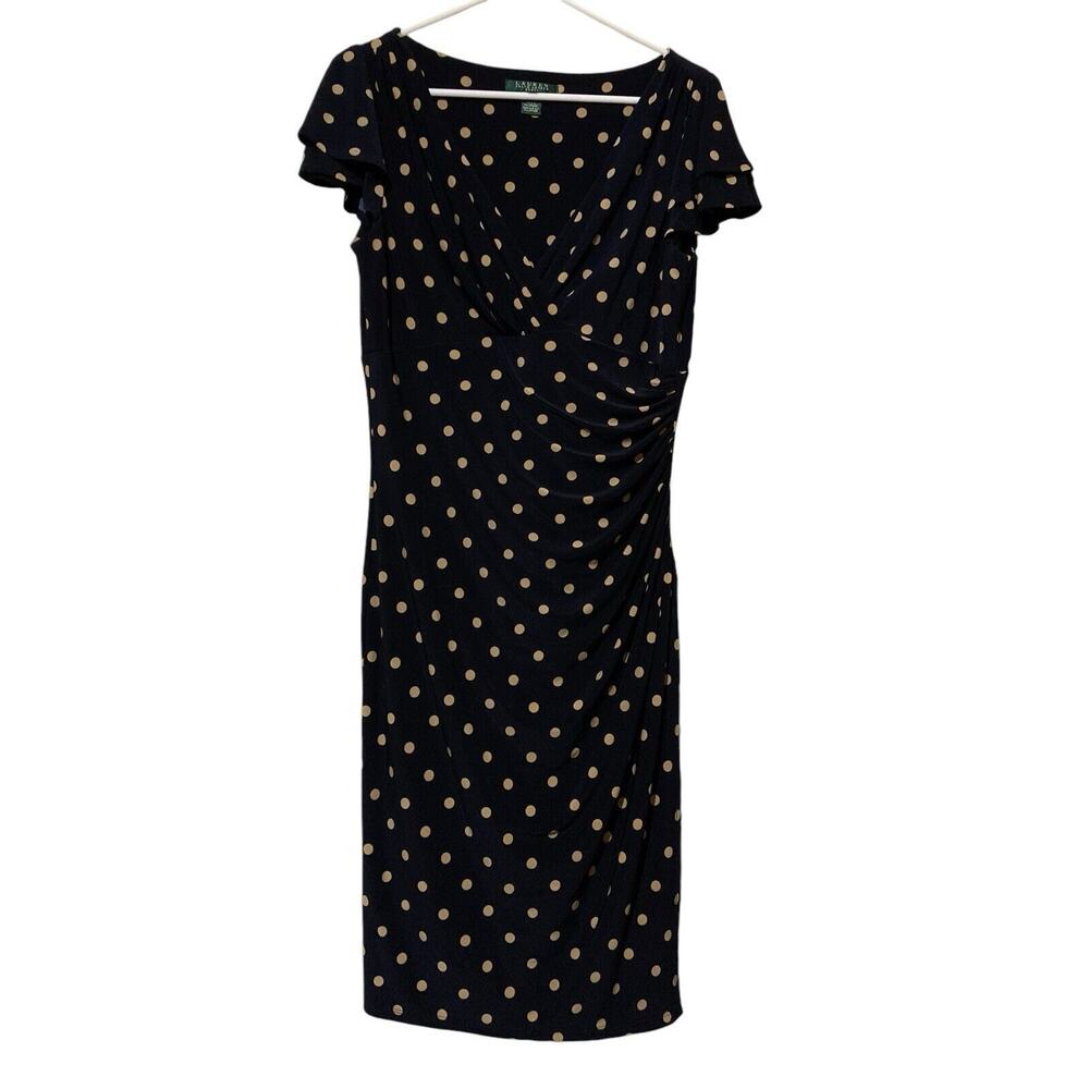 Ralph Lauren Size 10 Woman's Navy Blue Polka Dot Career Party‎ Wrap Top Dress